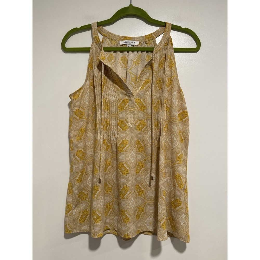 EUC Rose + Olive sleeveless Sz: S halter Yellow Pintuck Paisley Floral blouse